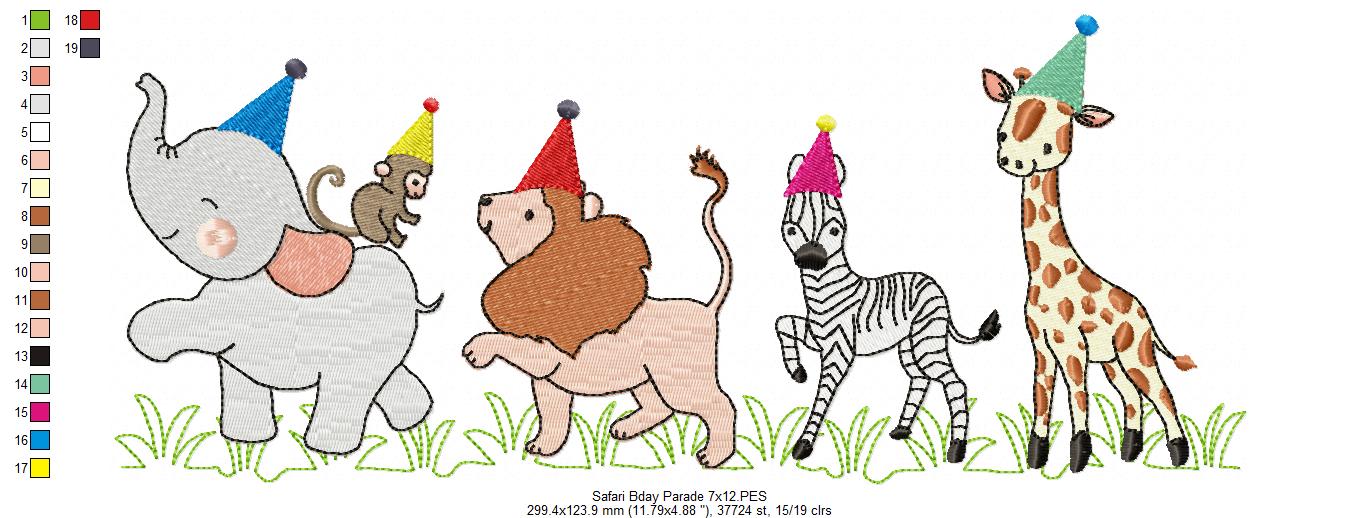 Animals Safari Birthday Parade - Fill Stitch - Machine Embroidery Design