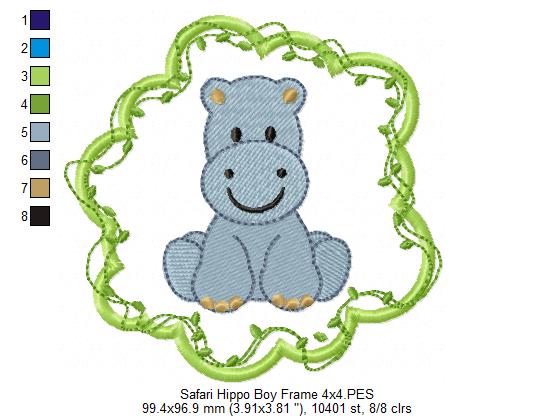 Safari Hippo Boy Frame - Applique - Machine Embroidery Design