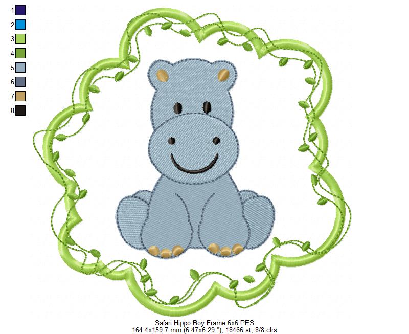 Safari Hippo Boy Frame - Applique - Machine Embroidery Design
