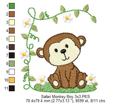 Safari Monkey Boy - Fill Stitch - Machine Embroidery Design