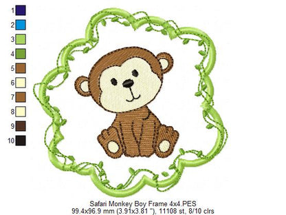 Safari Monkey Boy Frame - Applique - Machine Embroidery Design