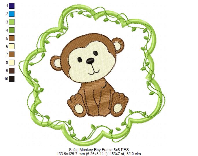 Safari Monkey Boy Frame - Applique - Machine Embroidery Design