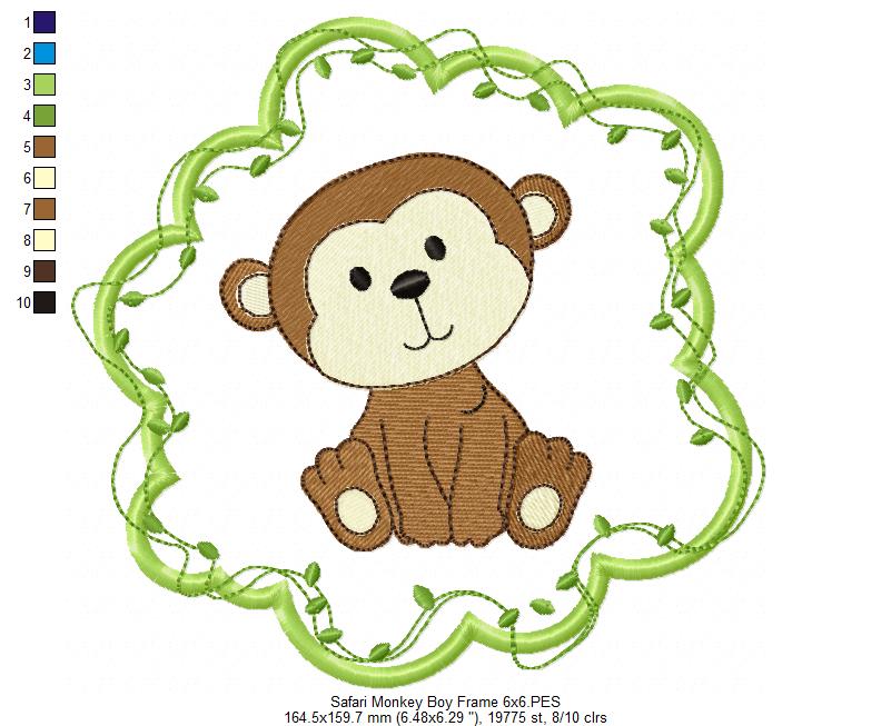 Safari Monkey Boy Frame - Applique - Machine Embroidery Design