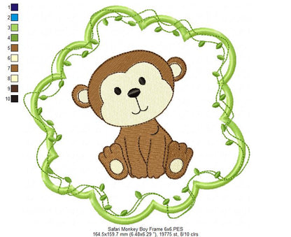 Safari Monkey Boy Frame - Applique - Machine Embroidery Design