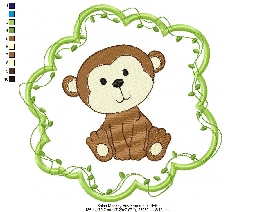 Safari Monkey Boy Frame - Applique - Machine Embroidery Design
