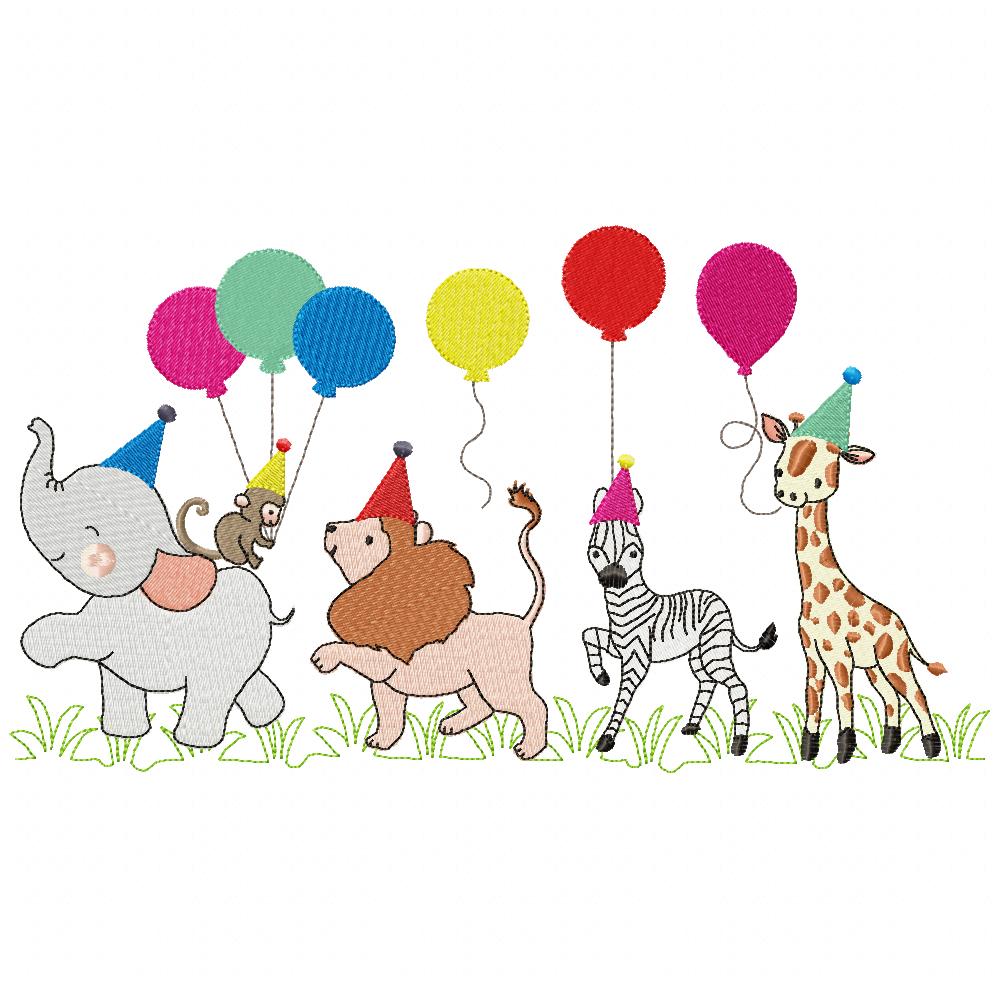 Animals Safari Birthday Parade Balloons - Fill Stitch - Machine Embroidery Design