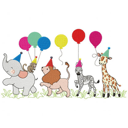Animals Safari Birthday Parade Balloons - Fill Stitch - Machine Embroidery Design