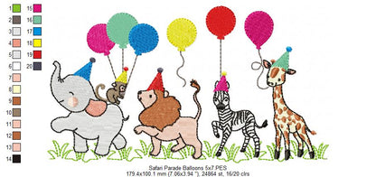 Animals Safari Birthday Parade Balloons - Fill Stitch - Machine Embroidery Design