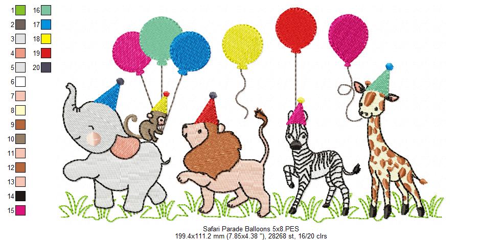Animals Safari Birthday Parade Balloons - Fill Stitch - Machine Embroidery Design