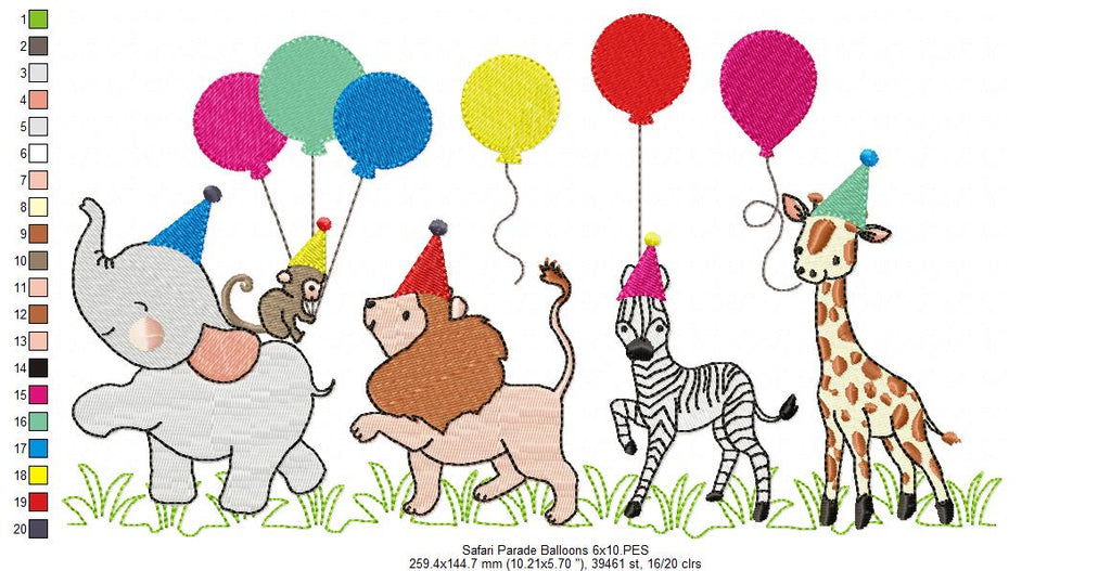Animals Safari Birthday Parade Balloons - Fill Stitch - Machine Embroidery Design