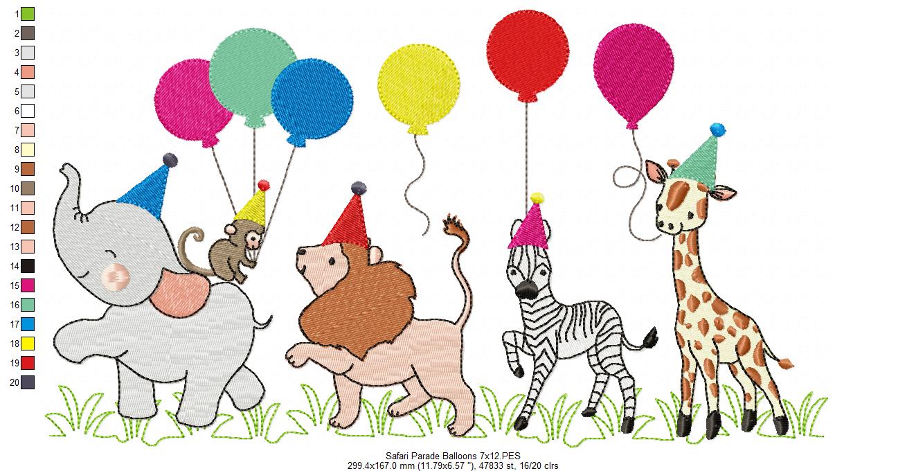 Animals Safari Birthday Parade Balloons - Fill Stitch - Machine Embroidery Design