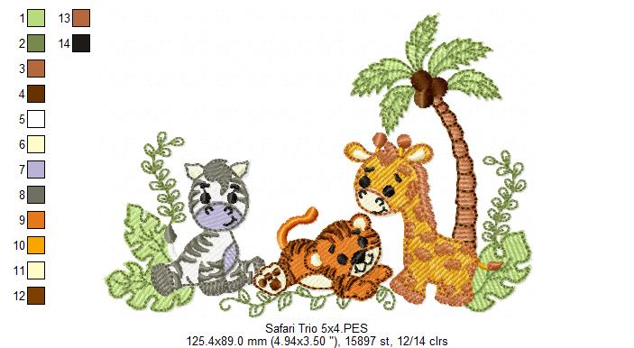 Animals Safari Zebra, Tiger and Giraffe - Fill Stitch - Machine Embroidery Design