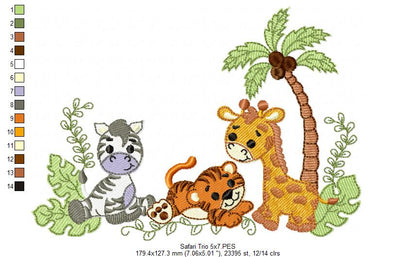 Animals Safari Zebra, Tiger and Giraffe - Fill Stitch - Machine Embroidery Design