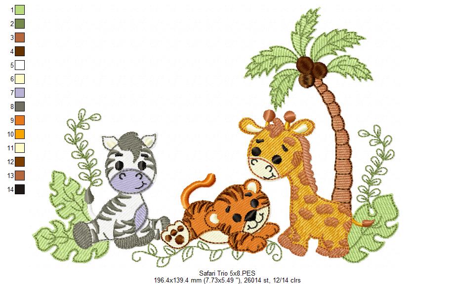 Animals Safari Zebra, Tiger and Giraffe - Fill Stitch - Machine Embroidery Design