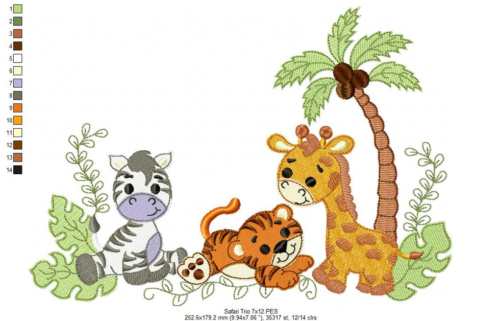 Animals Safari Zebra, Tiger and Giraffe - Fill Stitch - Machine Embroidery Design