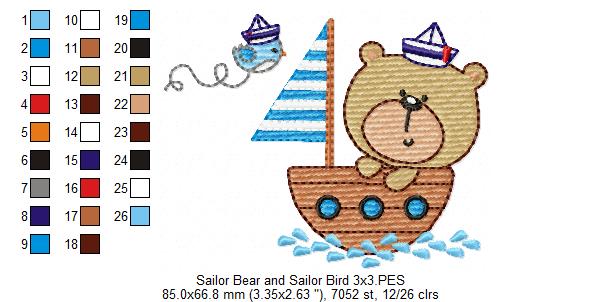 Sailor Bear and Sailor Bird - Fill Stitch Embroidery
