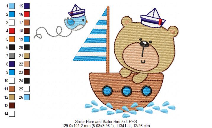 Sailor Bear and Sailor Bird - Fill Stitch Embroidery