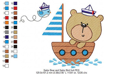 Sailor Bear and Sailor Bird - Fill Stitch Embroidery