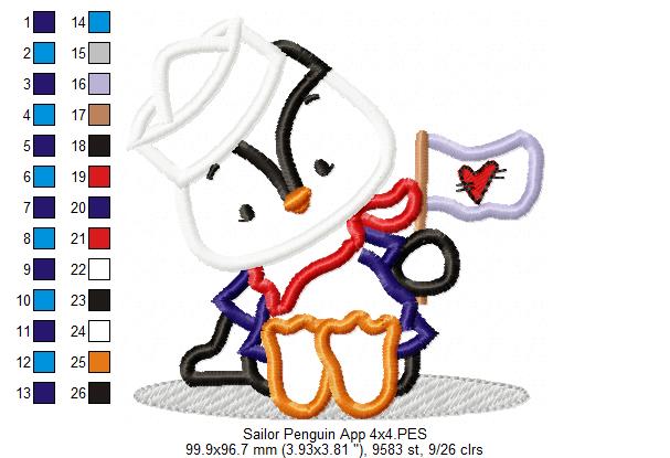 Sailor Penguin - Applique - Machine Embroidery Design
