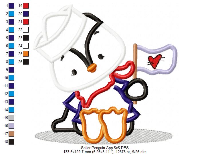 Sailor Penguin - Applique - Machine Embroidery Design