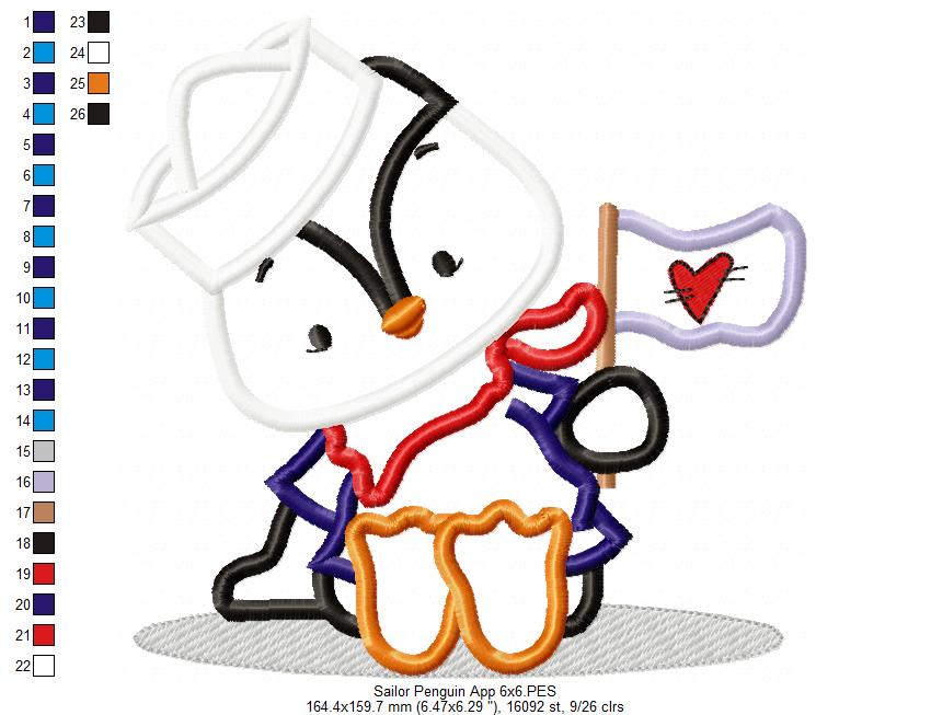 Sailor Penguin - Applique - Machine Embroidery Design
