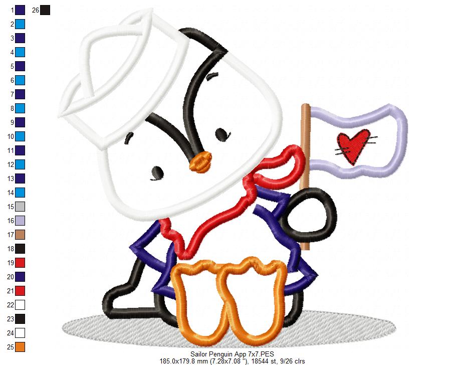 Sailor Penguin - Applique - Machine Embroidery Design