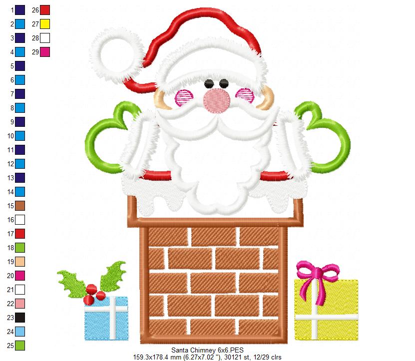 Santa Claus in the Chimney - Applique - Machine Embroidery Design