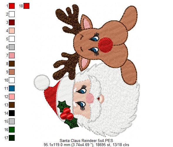 Santa Claus and Rudolf Reindeer - Fill Stitch - Machine Embroidery Design