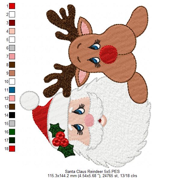 Santa Claus and Rudolf Reindeer - Fill Stitch - Machine Embroidery Design