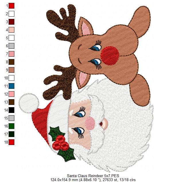 Santa Claus and Rudolf Reindeer - Fill Stitch - Machine Embroidery Design