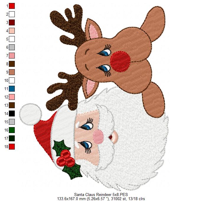 Santa Claus and Rudolf Reindeer - Fill Stitch - Machine Embroidery Design