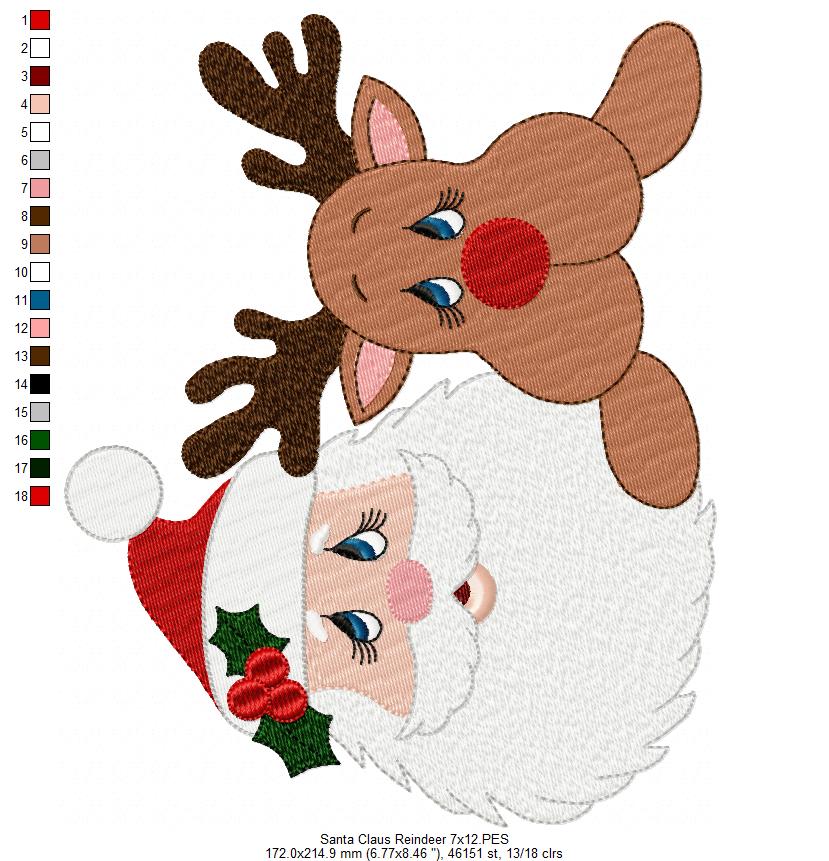 Santa Claus and Rudolf Reindeer - Fill Stitch - Machine Embroidery Design