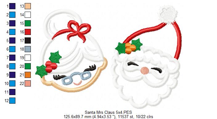 Santa and Mrs. Claus - Applique - Machine Embroidery Design
