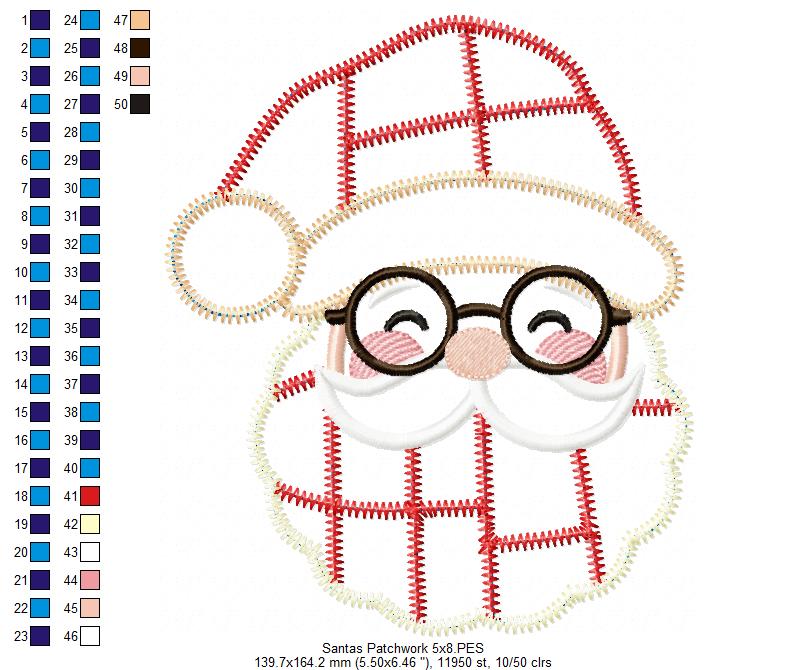 Jolly Patchwork Santa - Zigzag Patchwork Applique - Machine Embroidery Design