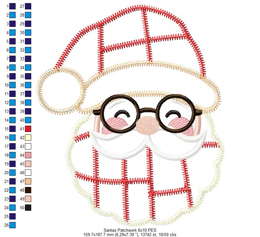 Jolly Patchwork Santa - Zigzag Patchwork Applique - Machine Embroidery Design
