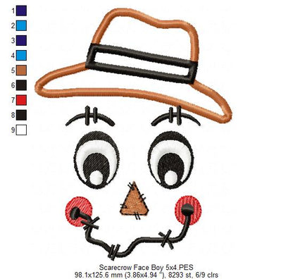 Scarecrow Boy and Girl Face - Set of 2 designs - Applique Embroidery