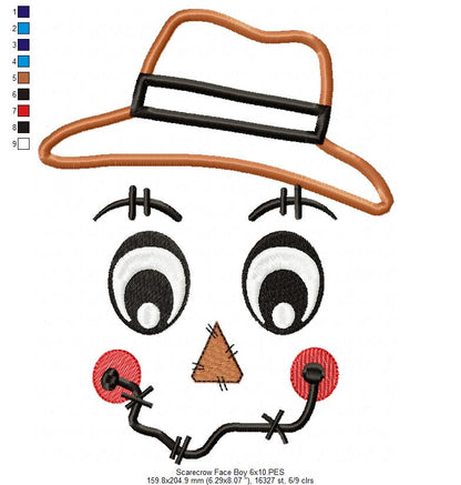 Scarecrow Boy and Girl Face - Set of 2 designs - Applique Embroidery