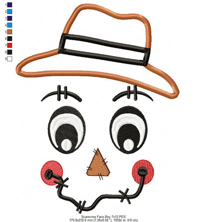 Scarecrow Boy and Girl Face - Set of 2 designs - Applique Embroidery