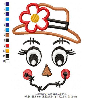 Scarecrow Boy and Girl Face - Set of 2 designs - Applique Embroidery