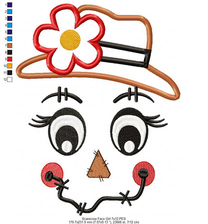 Scarecrow Boy and Girl Face - Set of 2 designs - Applique Embroidery