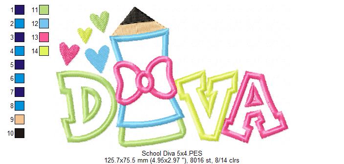 School Pencil Diva - Applique - Machine Embroidery Design