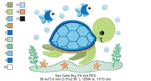 Sea Turtle Boy - Fill Stitch - Machine Embroidery Design