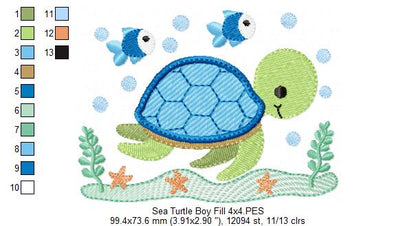 Sea Turtle Boy - Fill Stitch - Machine Embroidery Design