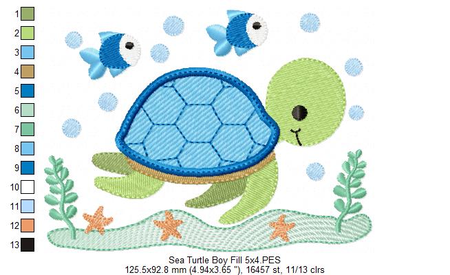 Sea Turtle Boy and Girl - Set of 2 Designs - Fill Stitch Embroidery