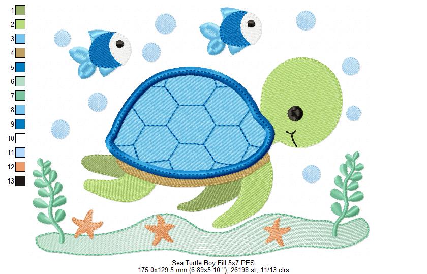 Sea Turtle Boy and Girl - Set of 2 Designs - Fill Stitch Embroidery