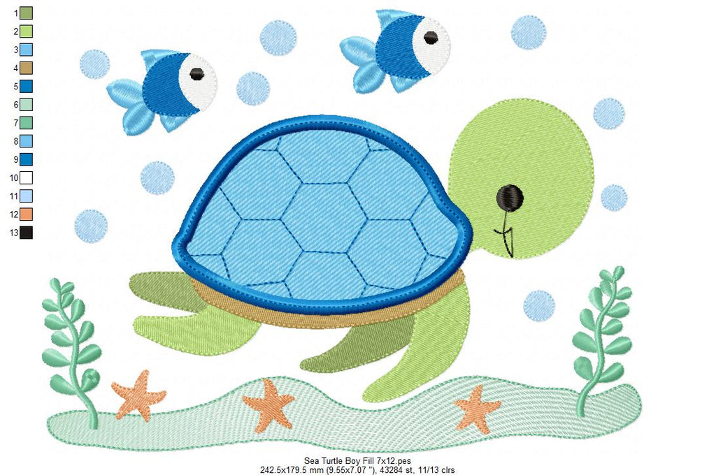 Sea Turtle Boy - Fill Stitch - Machine Embroidery Design