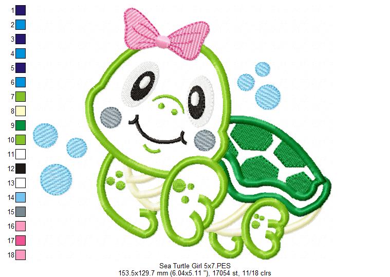 Sea Turtle Girl - Applique Embroidery