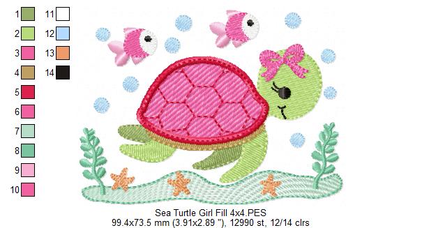 Sea Turtle Girl - Fill Stitch - Machine Embroidery Design