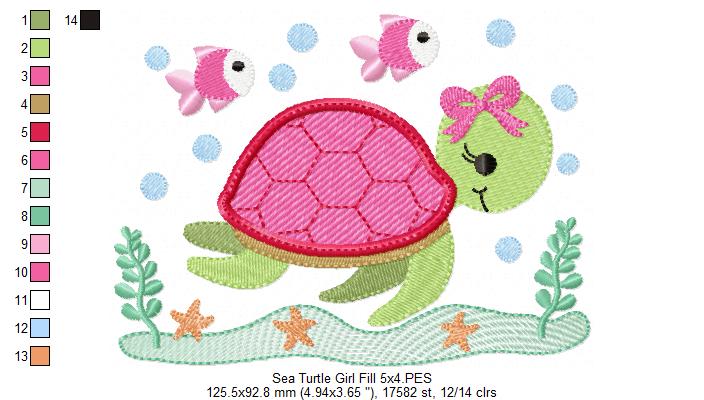 Sea Turtle Girl - Fill Stitch - Machine Embroidery Design