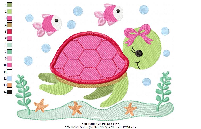 Sea Turtle Girl - Fill Stitch - Machine Embroidery Design